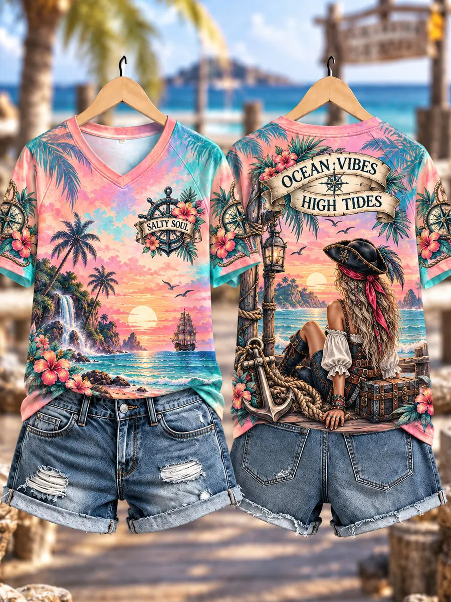 Women’s Ocean Vibes, High Tides Tropical Pirate Sunset V-Neck T-Shirt