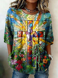 Women's Flowers Faith Printed Cotton and Linen Top