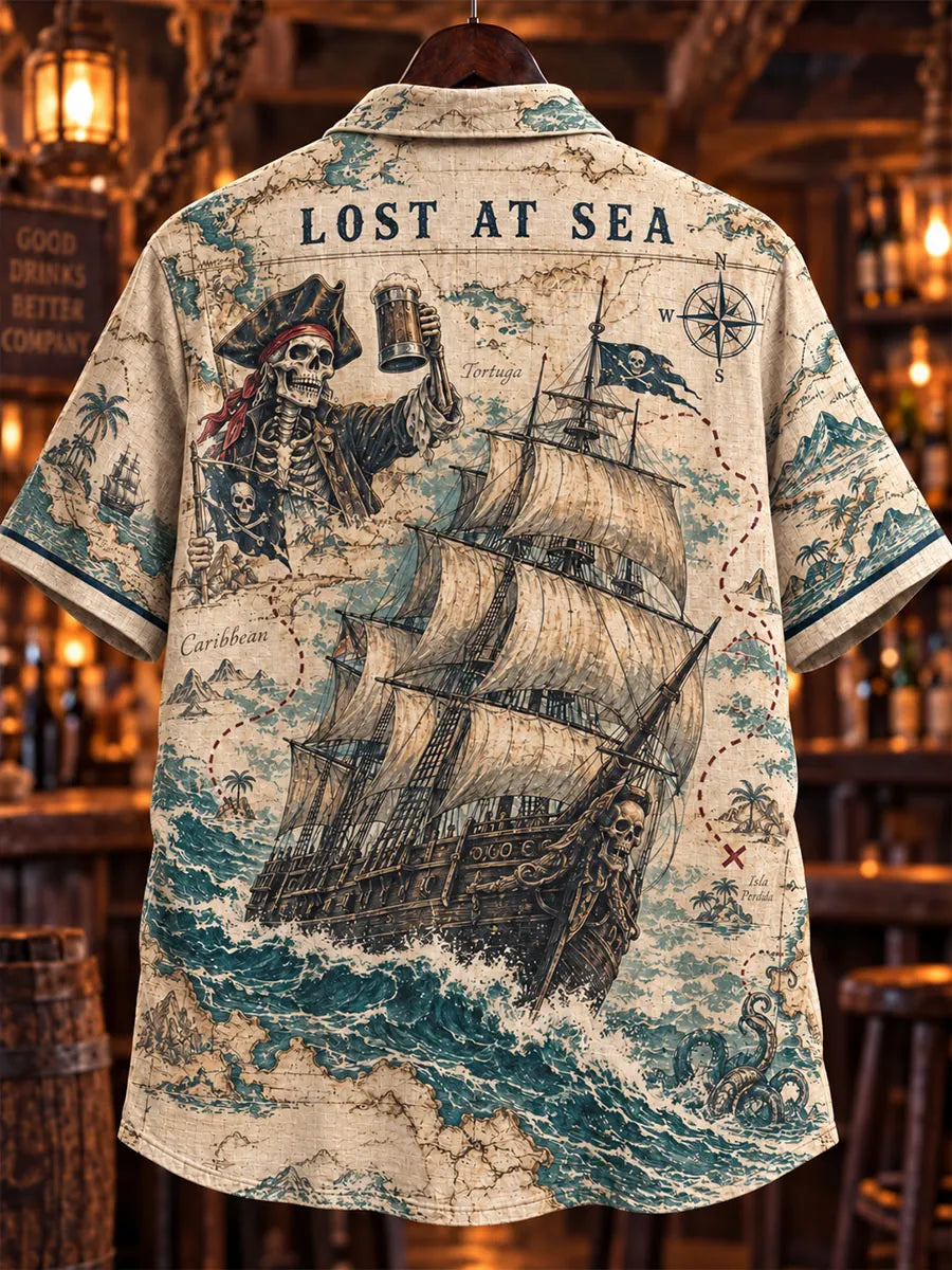 Men’s Vintage Pirate Ship & Nautical Map Short Sleeve Shirt