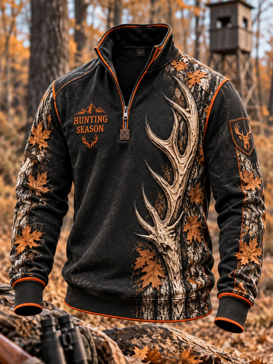 Men's Retro Deer Hunting Print Casual Zip-Up Sweatshirt