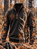 Men's Retro Deer Hunting Print Casual Zip-Up Sweatshirt