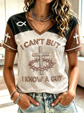 Women'S Casual Floral Faith Cross Print V-Neck T-Shirt