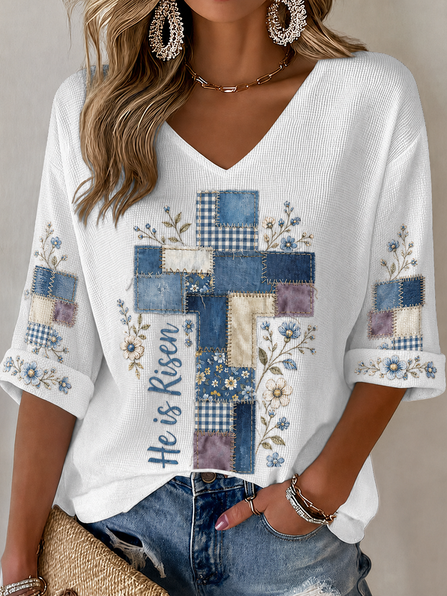 Women'S He Is Risen Patchwork Cross Floral Embroidery Blouse