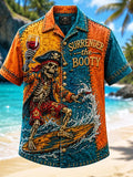 Men's Hawaiian Surrender The Booty Skeleton Pirate Surfer Print Short Sleeve Shirt