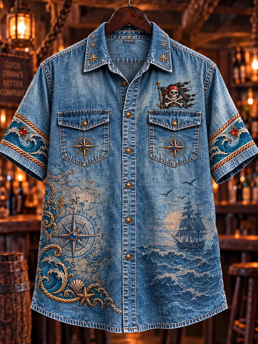 Men’s Vintage  "LOST AT SEA " Old Salt Printed Short Sleeve Shirt