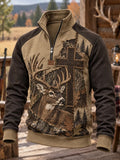 Men's Retro Deer Hunting Print Casual Zip-Up Sweatshirt