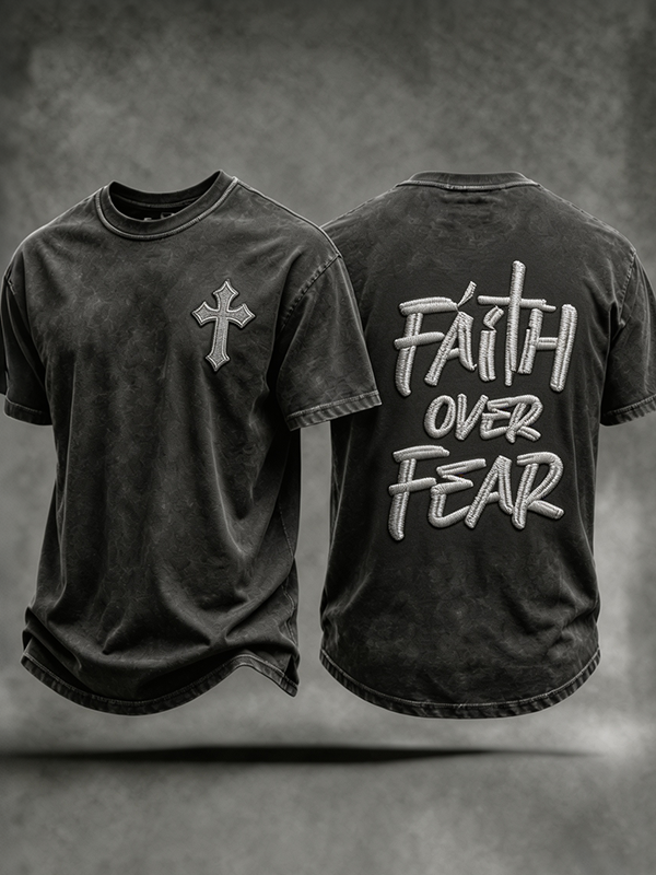 Men's Faith Over Fear Cross Embroidery Double Sided Vintage T-Shirt