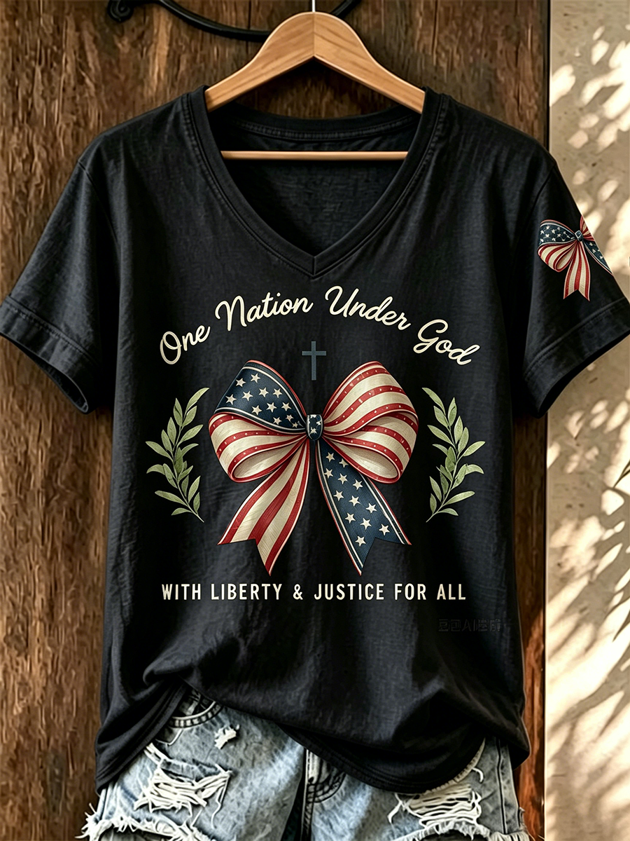 American Flag Faith Cross Commemorative Print V-neck Top
