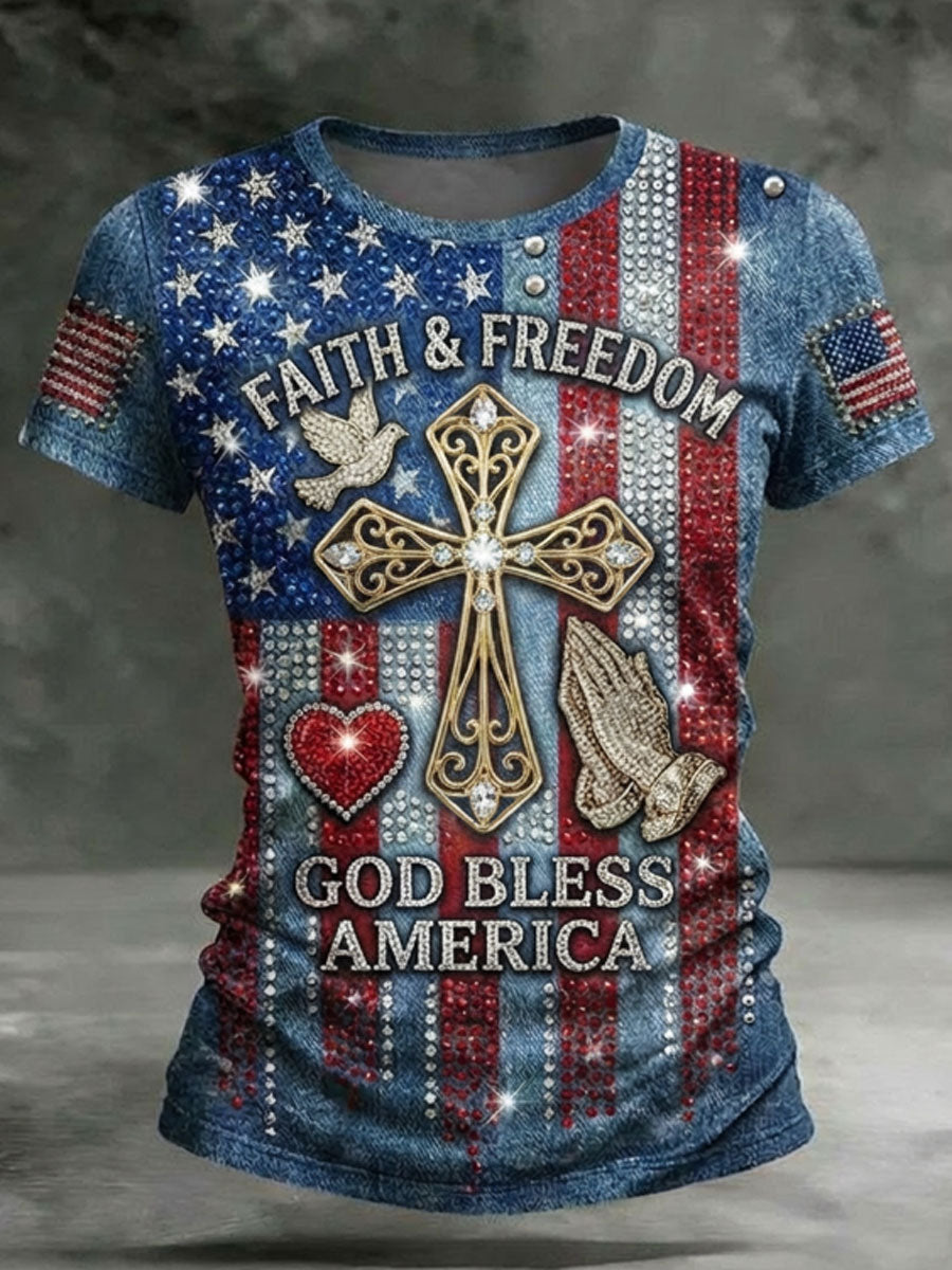 Women'S Faith & Freedom God Bless America American Flag Rhinestone Art Print Casual T-Shirt