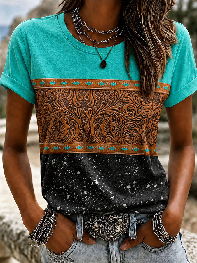 Women'S Western Cross Geometric Round Neck T-Shirt