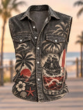 Men’s Pirate Ship Rum Glass Tropical Vintage Sleeveless Button-Up Shirt