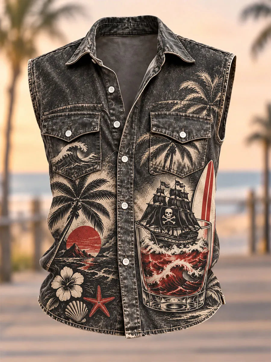Men’s Pirate Ship Rum Glass Tropical Vintage Sleeveless Button-Up Shirt