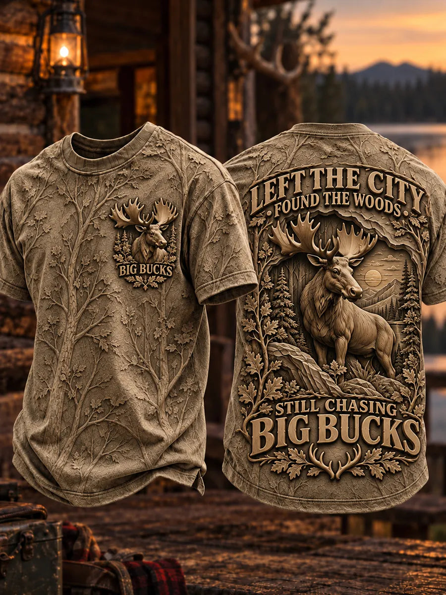 Men’s Retro “LOST IN THE WOODS · FOUND MY RIFLE · STILL CHASING BIG BUCKS” Hunting Season Printed T-Shirt