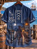 Men’s Moonlit Pirate Bar Theme Lace-Up Short Sleeve Shirt