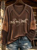 Women's Retro Western Desert Print V-Neck Top