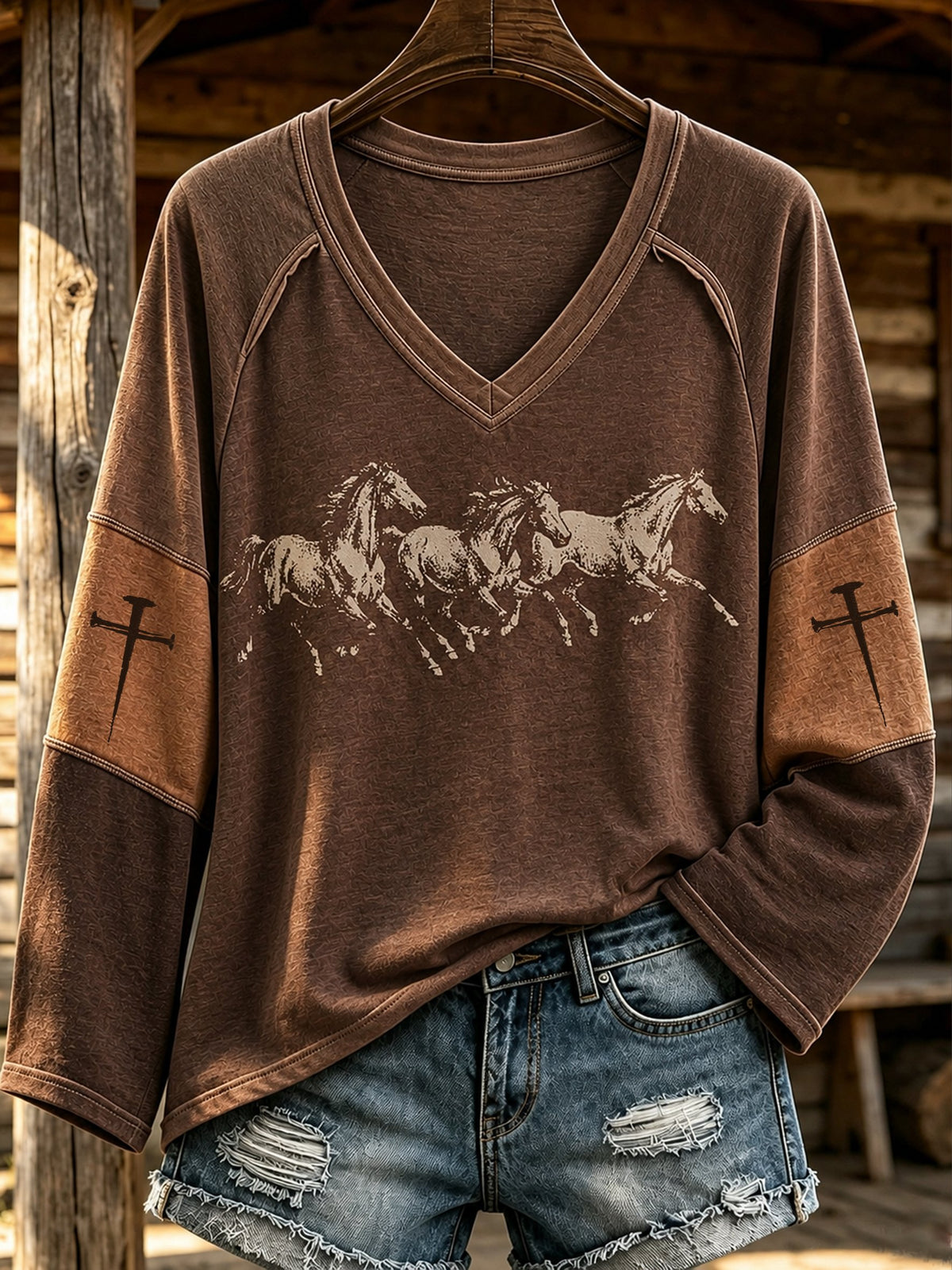 Women's Retro Western Desert Print V-Neck Top
