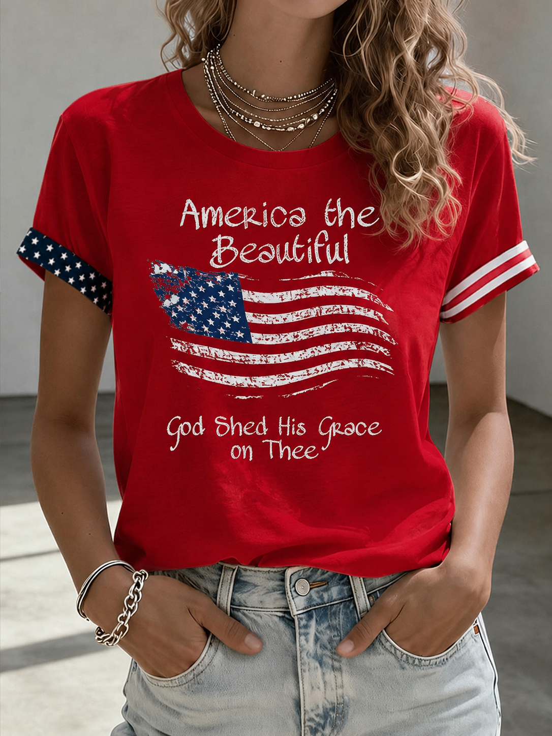 Women'S Clothing Faith And Flag Printed Short Sleeved T-Shirt