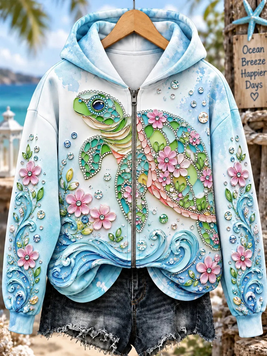 Women's Ocean-Style Sea Turtle Art Print Casual Zip Hoodie