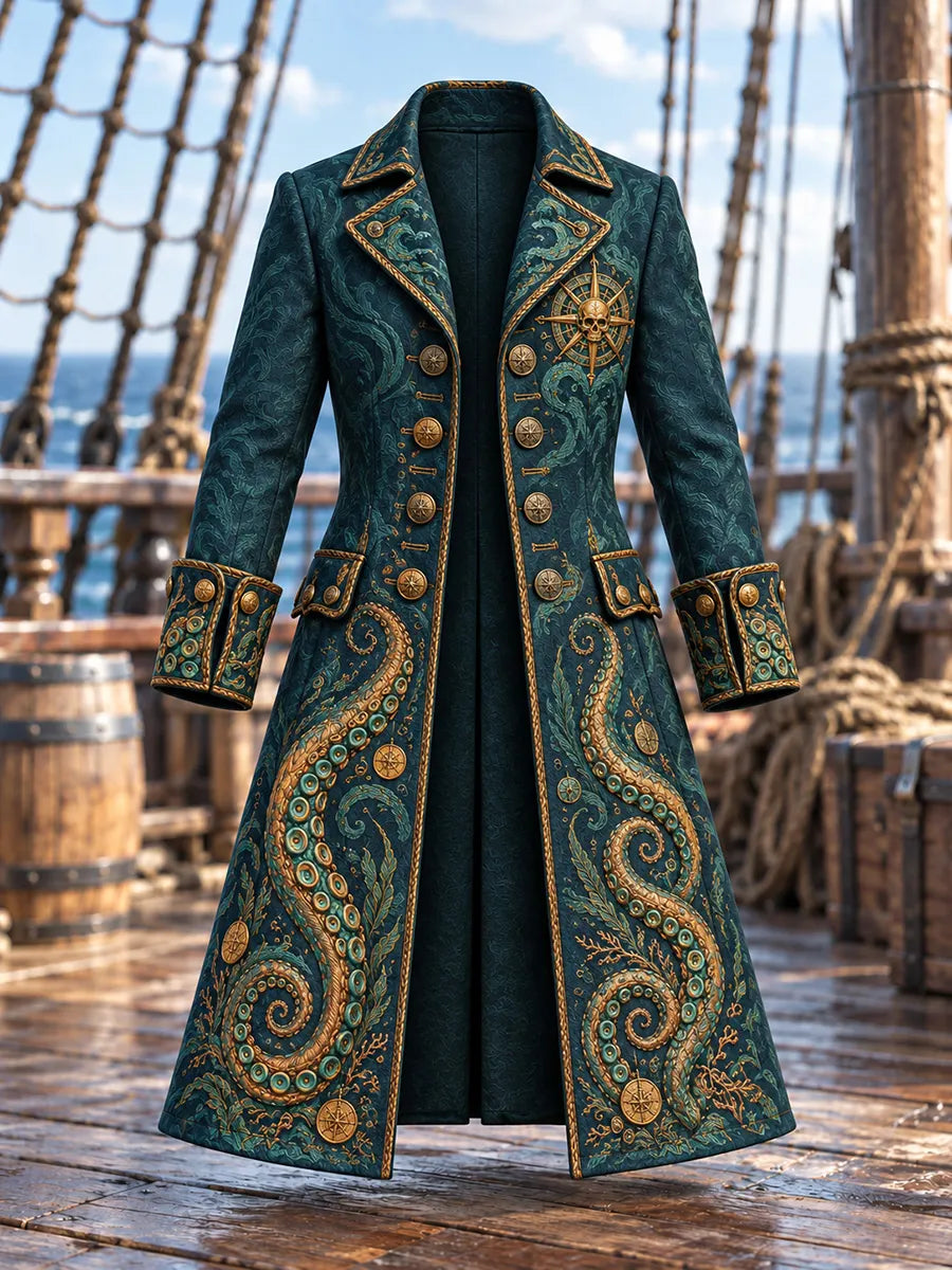 🐙 Men's Kraken Tentacles & Skull Compass Pirate Coat