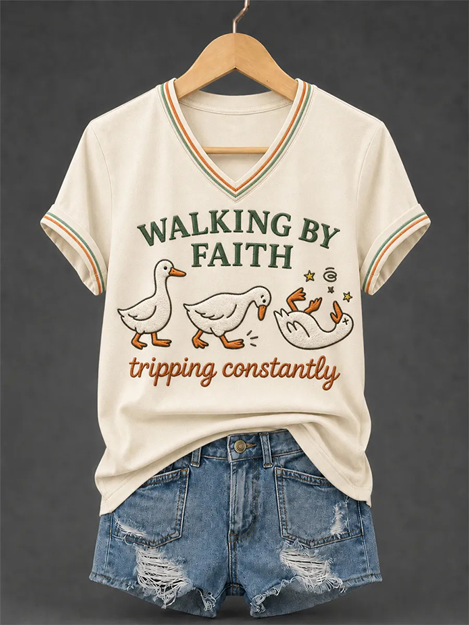 Women'S God Fun Duck Pattern Faith Print V-Neck T-Shirt