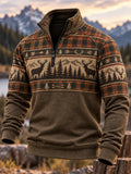 Men's Retro Hunting Culture Print Casual Zip-Up Sweatshirt
