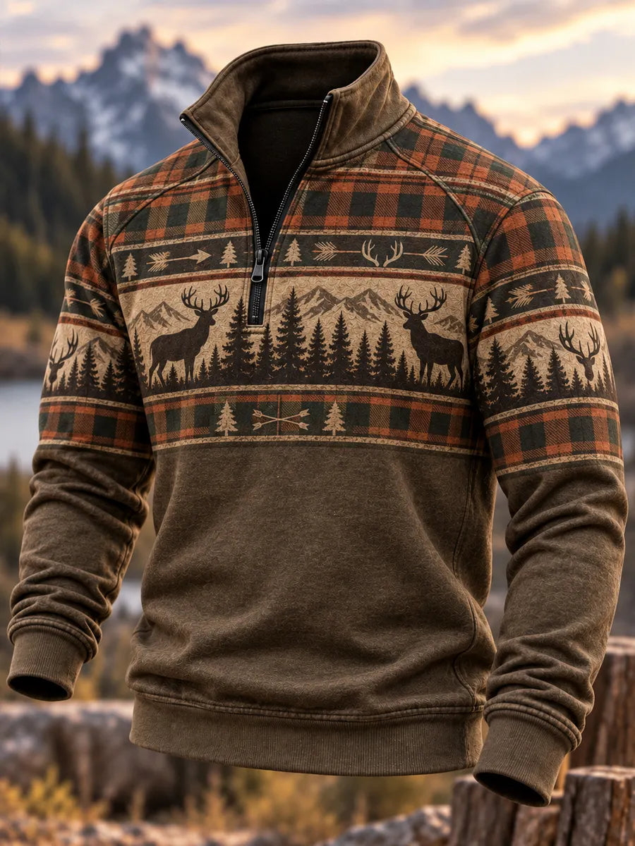Men's Retro Hunting Culture Print Casual Zip-Up Sweatshirt