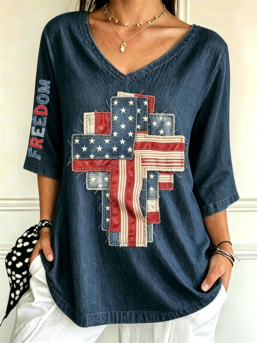 Women's God Family Country Flag Cross V Neck 3/4 Sleeve Casual Tee