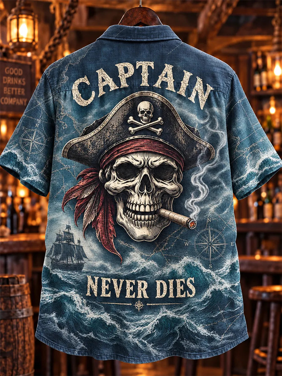 🏴‍☠️ 💀"Captain Never Dies" Vintage Pirate Skull Denim Shirt⚓