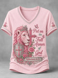 Women'S Pink Lion Religious Faith Printed Casual V-Neck T-Shirt