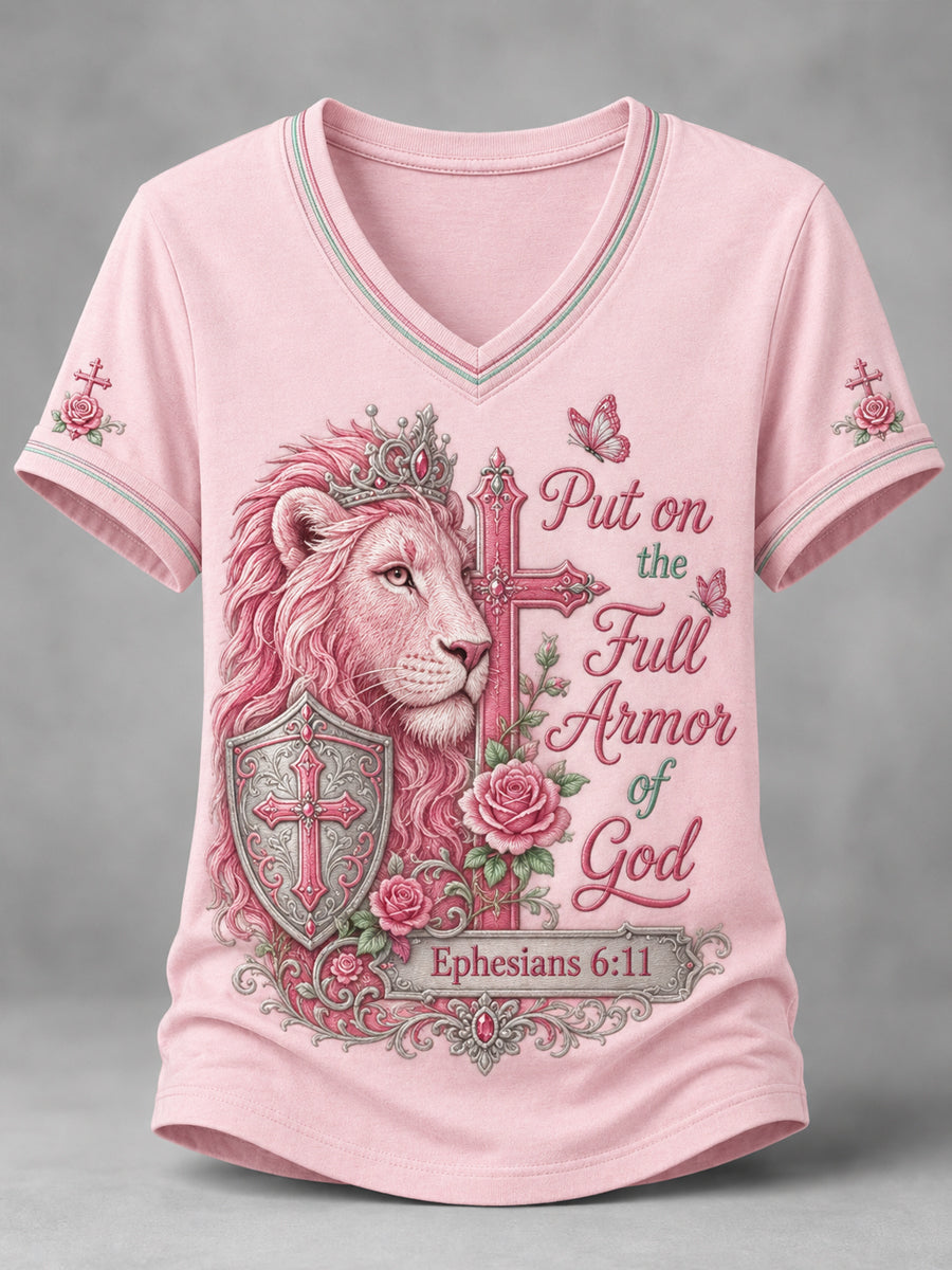 Women'S Pink Lion Religious Faith Printed Casual V-Neck T-Shirt