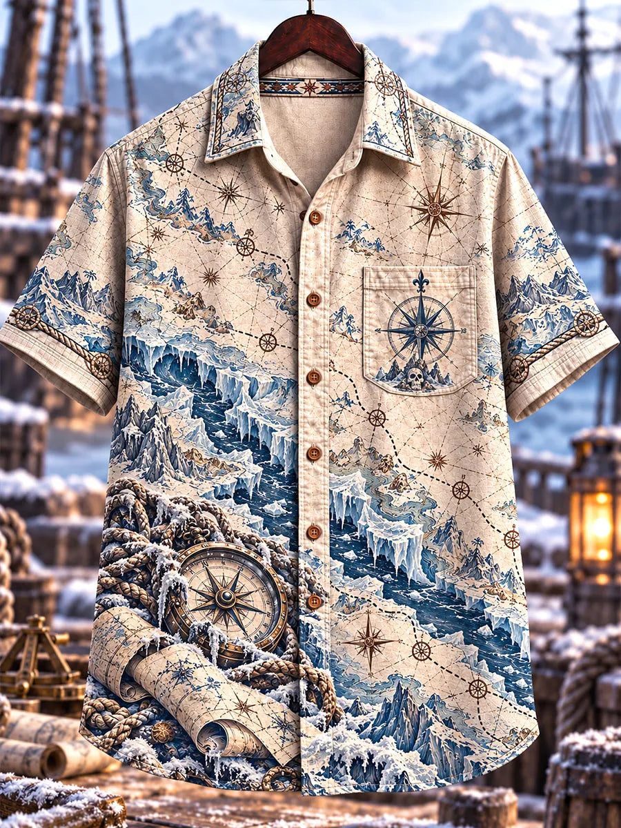 Men's Vintage Arctic Pirate Treasure Map Print Short Sleeve Shirt