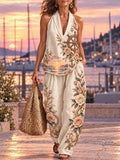 Women’s Nautical Rose & Anchor Print Halter Top & Wide-Leg Pants Set