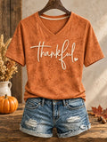 Women's Thanksgiving Art Thankful Printed T-shirt