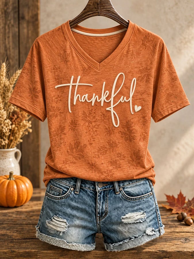 Women's Thanksgiving Art Thankful Printed T-shirt