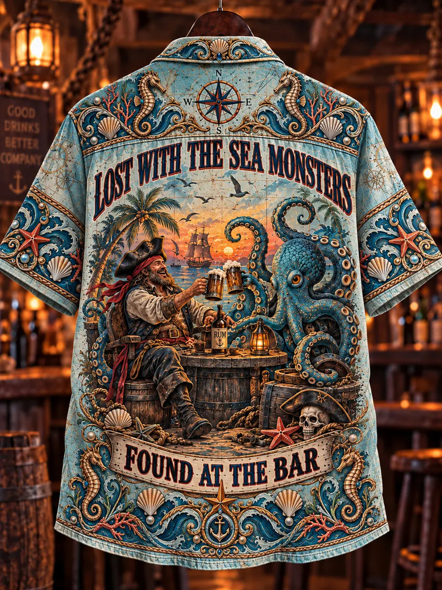 Men’s Vintage  "LOST WITH THE SEA MONSTERS " Old Salt Printed Short Sleeve Shirt
