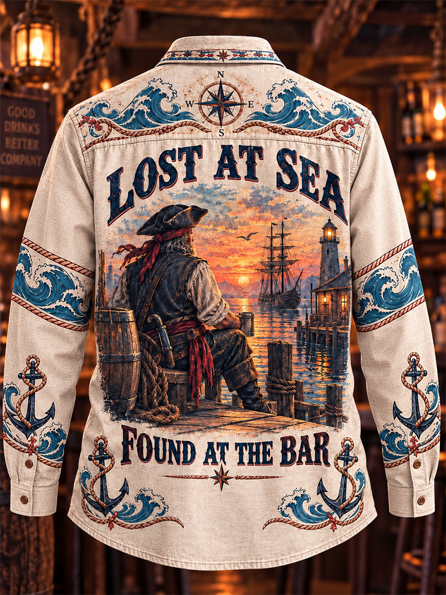Men’s Vintage Pirate Nautical Double-Pocket Long Sleeve Shirt