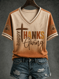 Women's Happy Thanksgiving Printed V-neck T-shirt