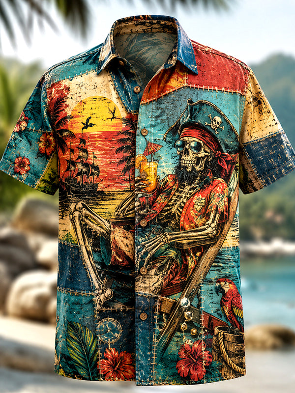 Men's Hawaiian-Style Skull Pirate Vacation Art Print Shirt