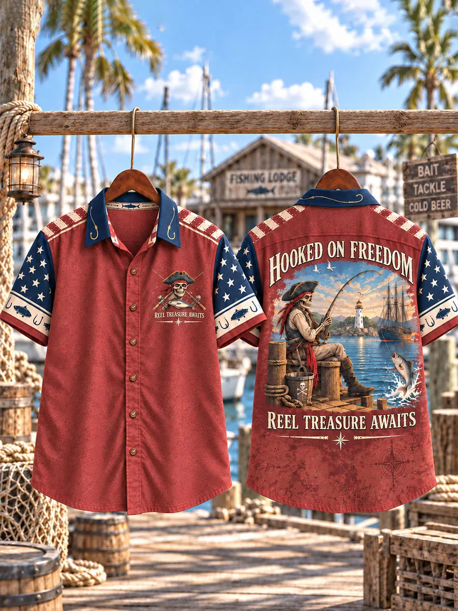 Men’s Pirate Skeleton Fishing Short Sleeve Shirt