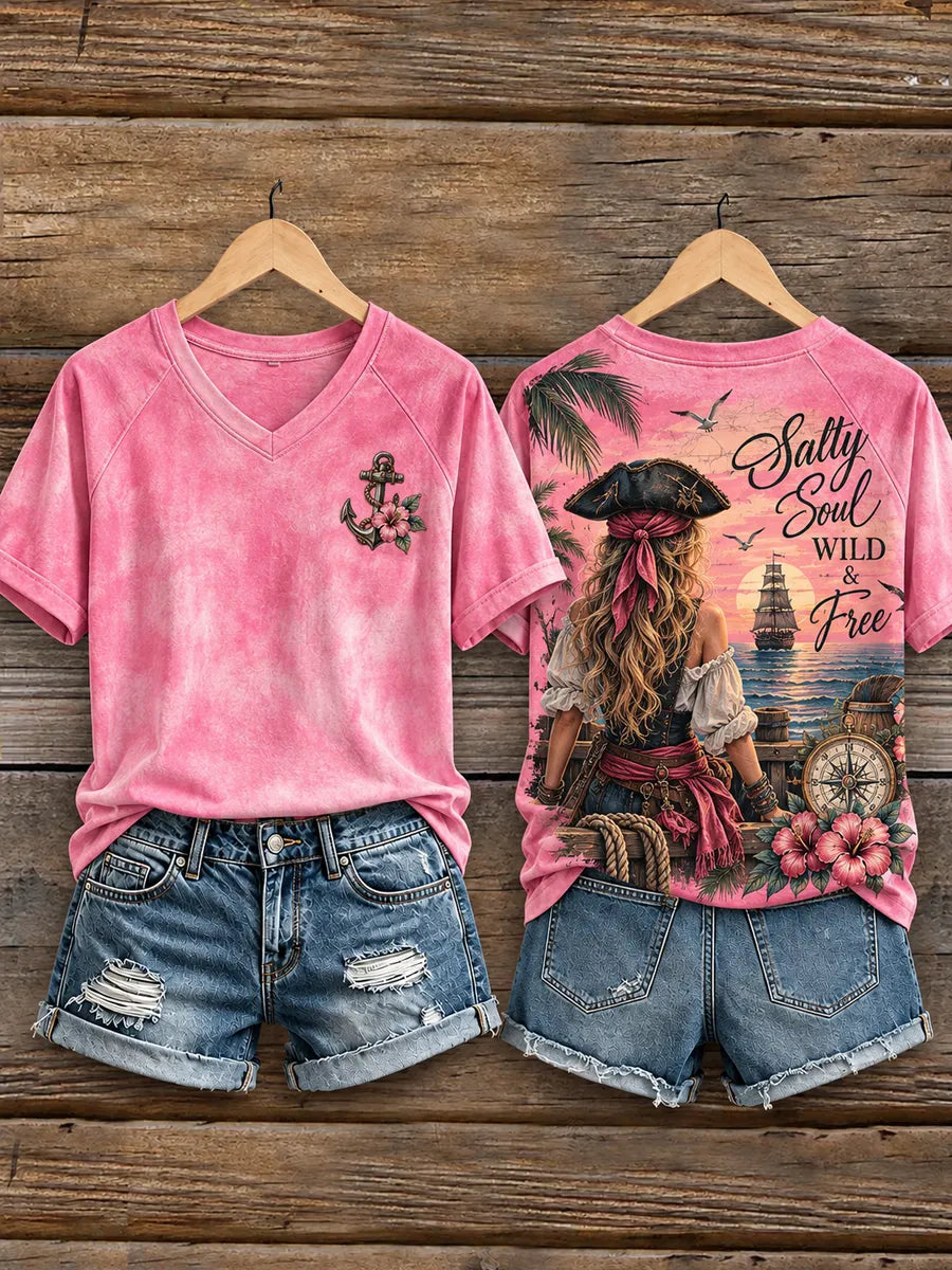 Women's Vintage-Style Pirate & Ocean-Themed Graphic T-Shirt