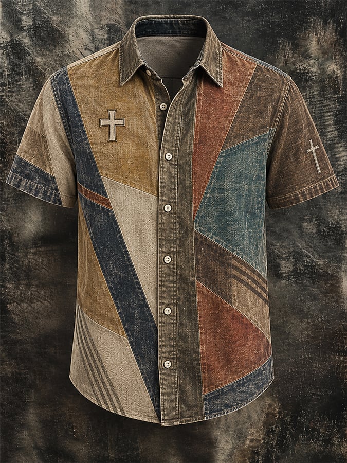 Men's Vintage Faith Faux-Linen Short-Sleeve Shirt(with pocket)
