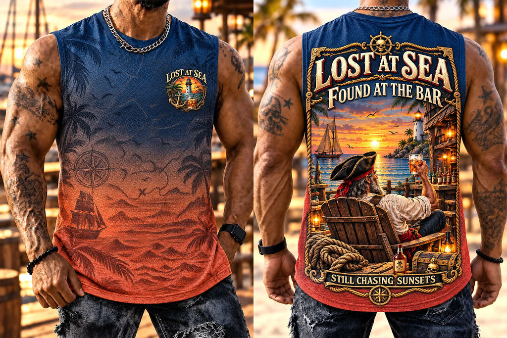 Men’s “Lost at Sea” Pirate Beach Bar & Sunset Print Sleeveless Tank Top