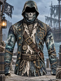 Vintage Pirate Skull Costume Print Hooded Long Sleeve Shirt – Men's Gothic Pirate Style