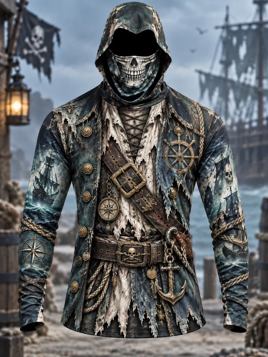 Vintage Pirate Skull Costume Print Hooded Long Sleeve Shirt – Men's Gothic Pirate Style