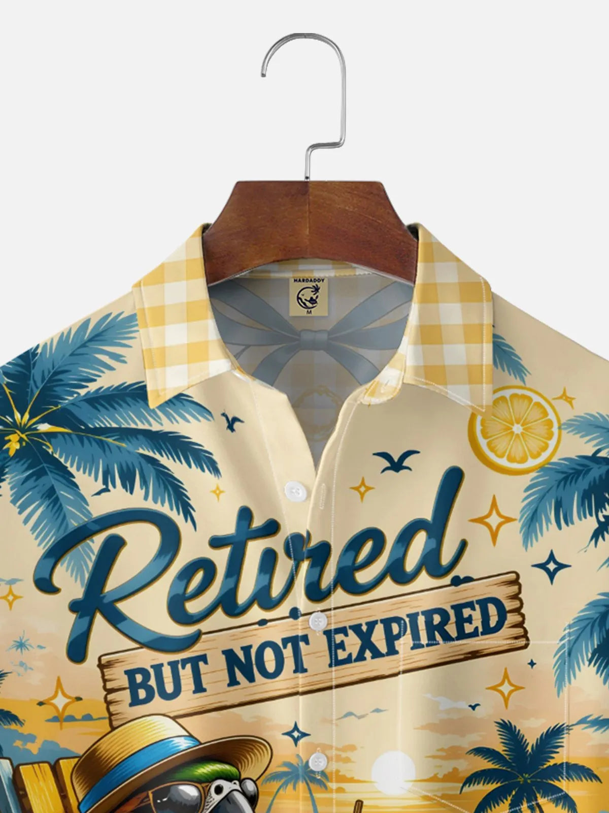Moisture-Wicking Tropical "Retired Pirate Vacationing Parrot" Slogan Chest Pocket Hawaiian Shirt