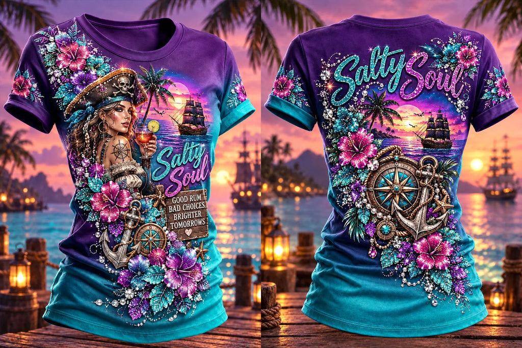 Tropical Floral Pirate Woman Graphic T-Shirt