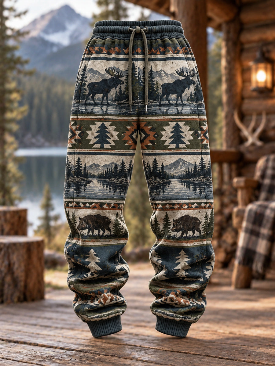 Men's Retro Hunting Culture Art Print Loose Drawstring Pants