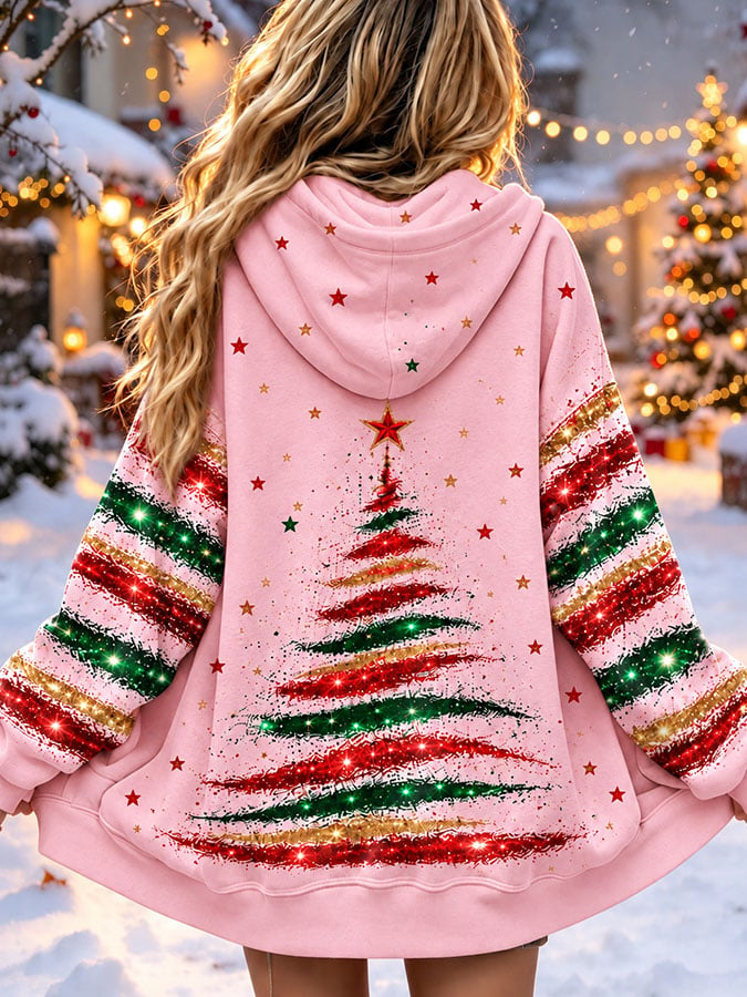 Women's Casual Printed Zipper Hooded Cardigan