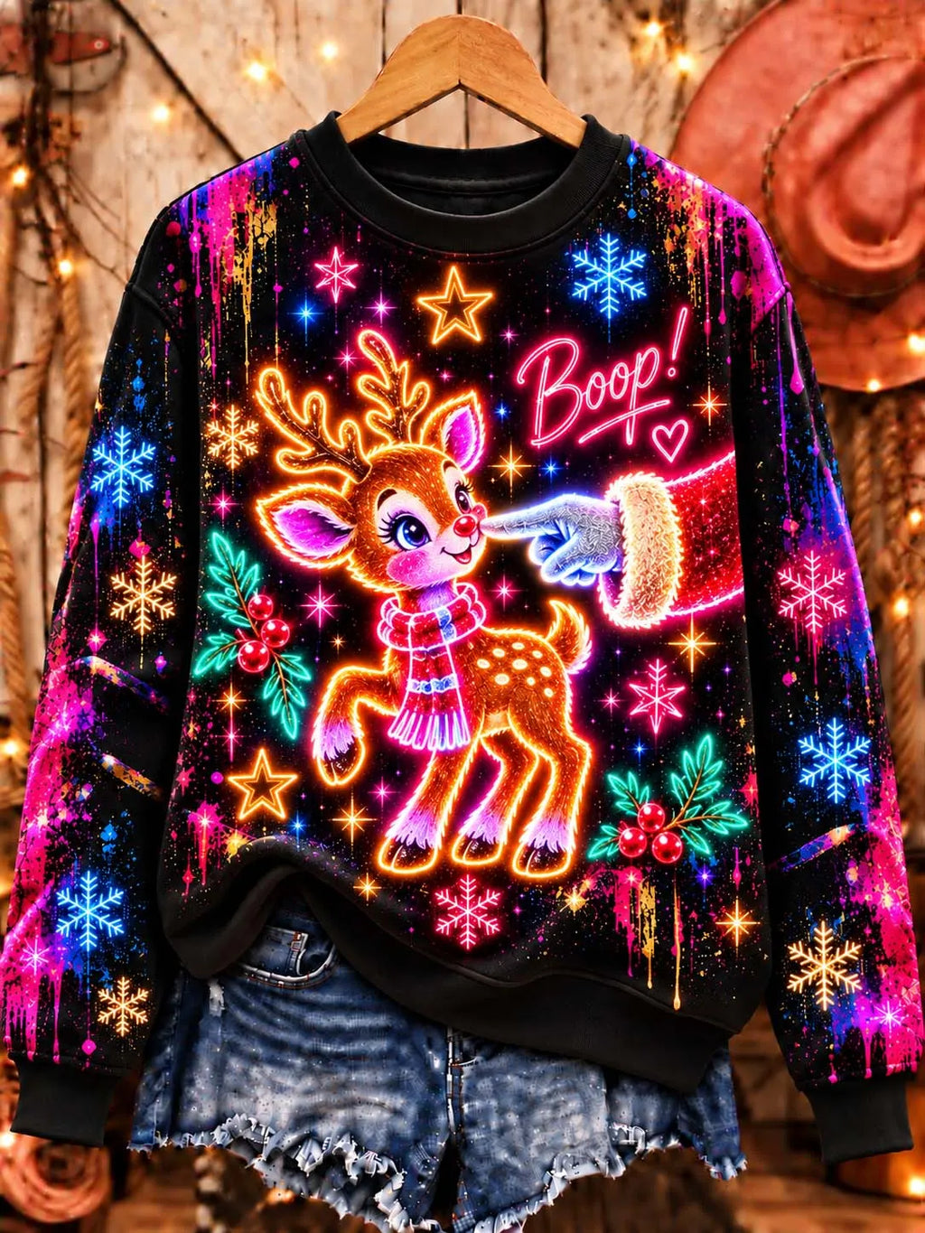 🦌 Neon Cute Reindeer "Boop!" Nose Touch Sweatshirt