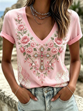 Women'S Pink Floral Embroidery Art T-Shirt